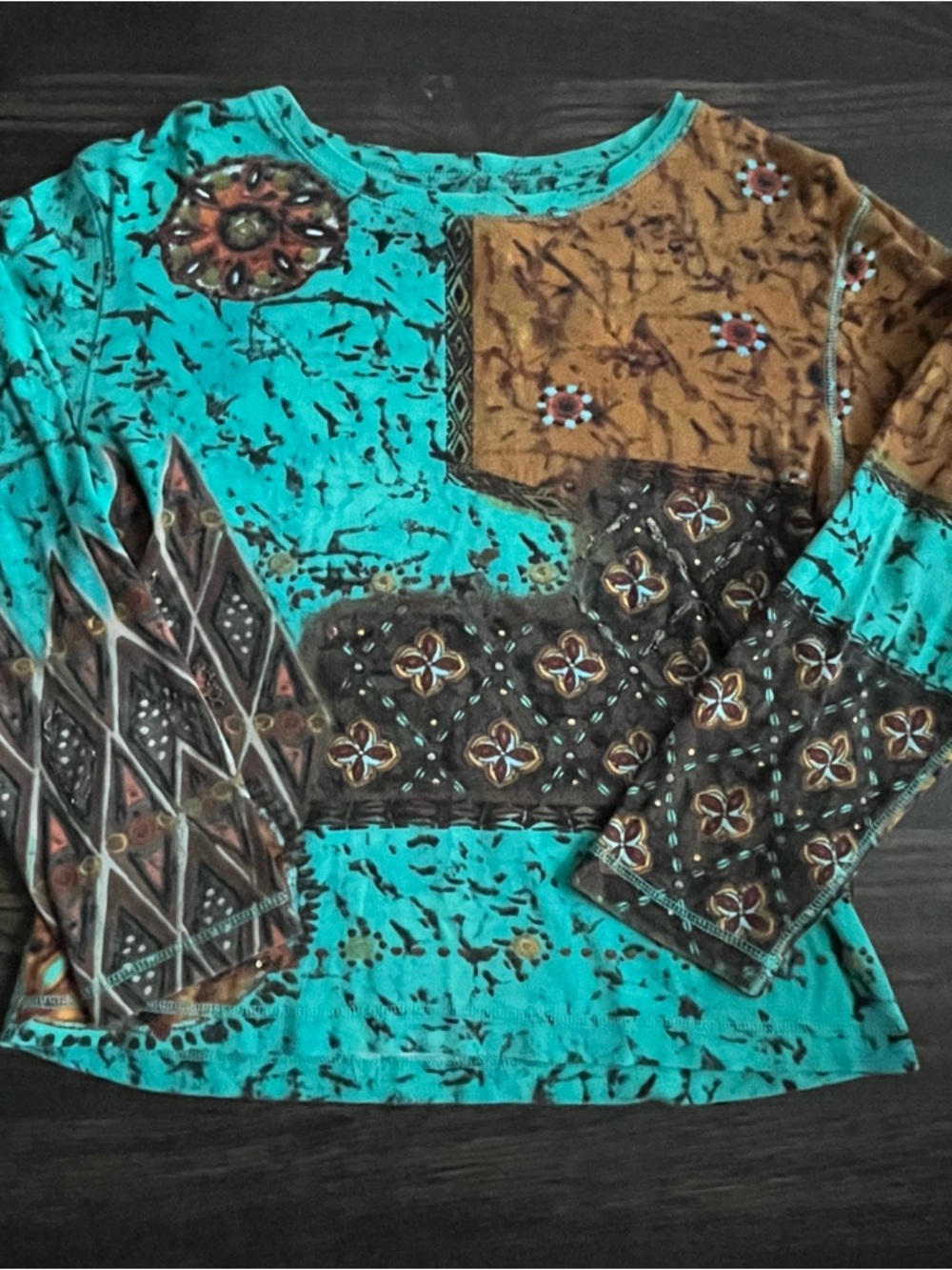 Chico's Turquoise and Brown Patchwork Long-Sleeve Top